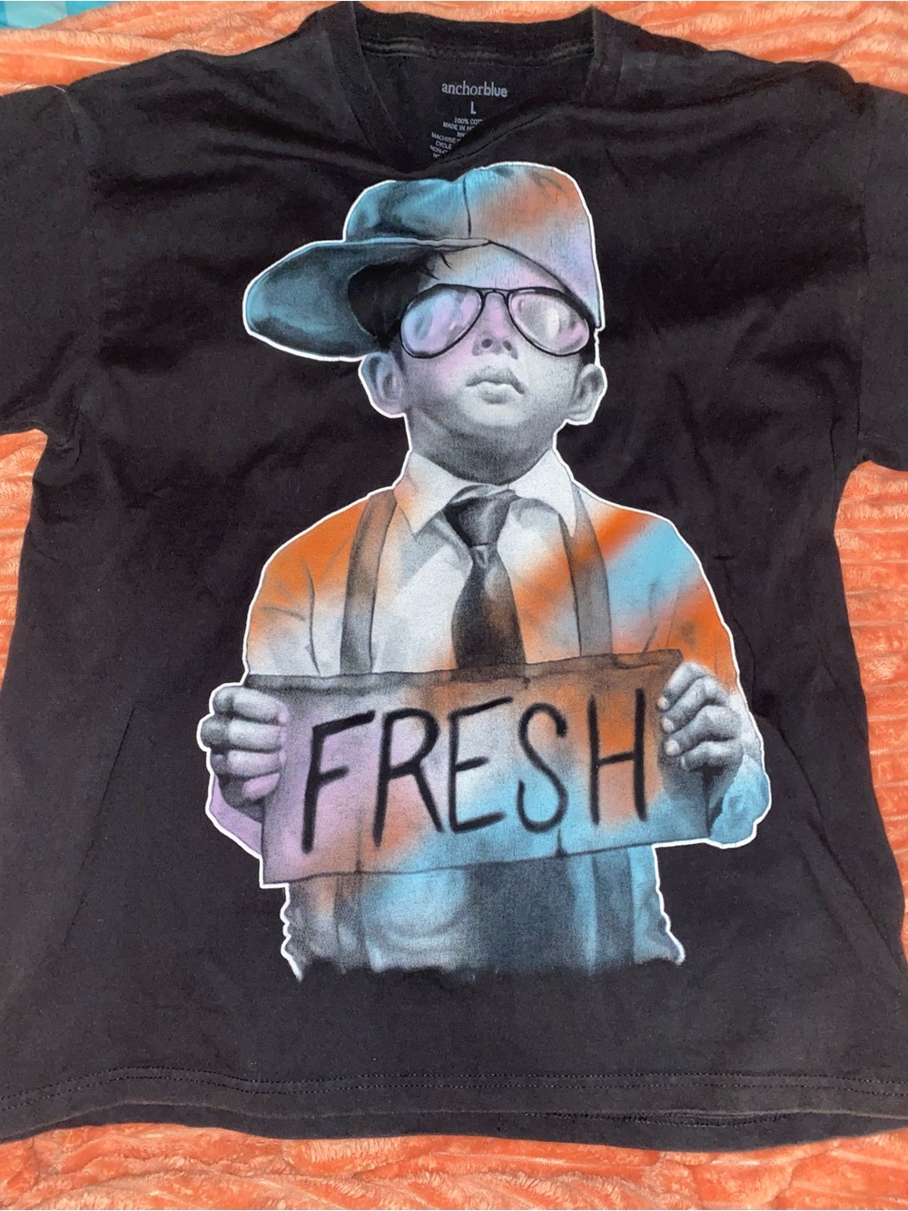 Mens Y2K Anchor Blue Black Tee with Blue & Orange 'FRESH' Graphic